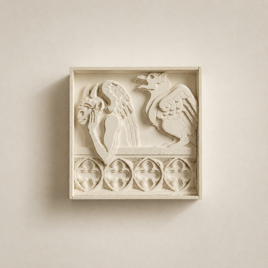 Bas-relief du Stryge de Notre-Dame de Paris, chimère en plâtre façonnée à la main