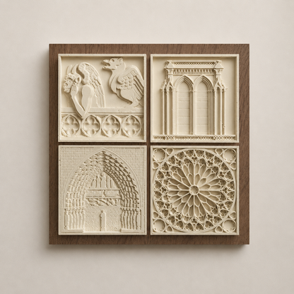 Détail du tableau quatuor Notre-Dame, profondeur des bas-reliefs en plâtre dans cadre palissandre