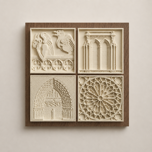 Détail du tableau quatuor Notre-Dame, profondeur des bas-reliefs en plâtre dans cadre palissandre