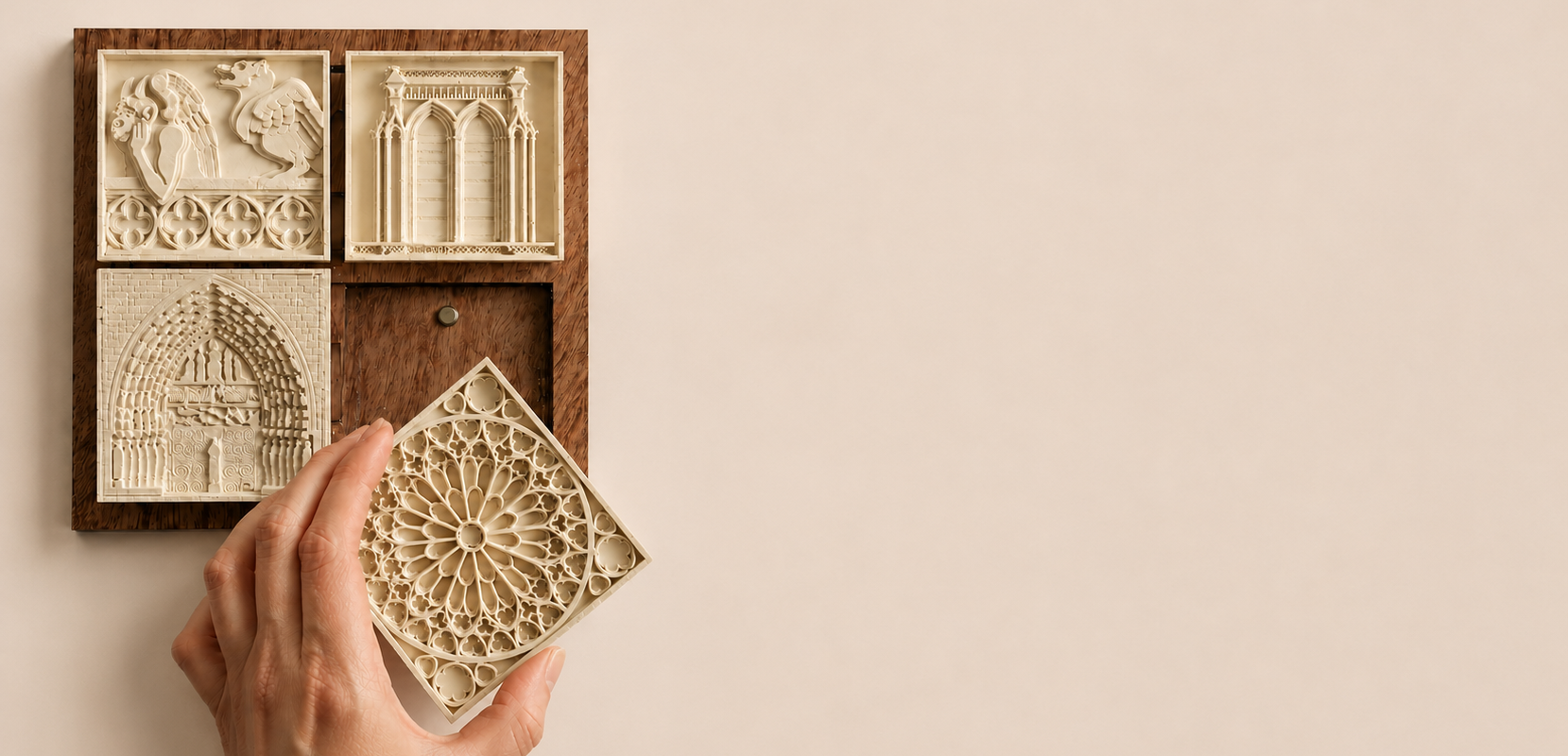 Composition d'un tableau quatuor avec un bas relief représentant la rosace de notre dame de paris
