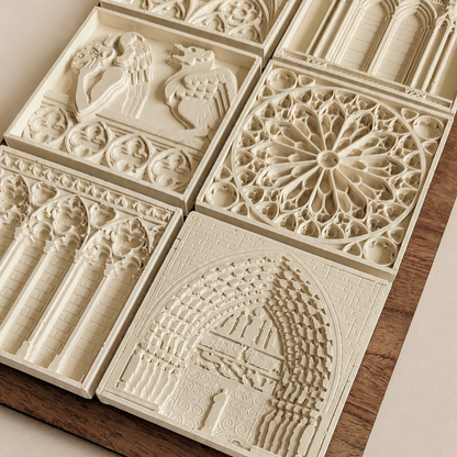 Détail du tableau sextuor Notre-Dame, profondeur des bas-reliefs en plâtre dans cadre palissandre