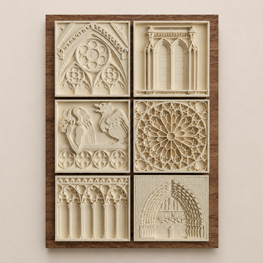 Tableau sextuor Notre-Dame de Paris avec six bas-reliefs dans un cadre en palissandre, fait main à Paris